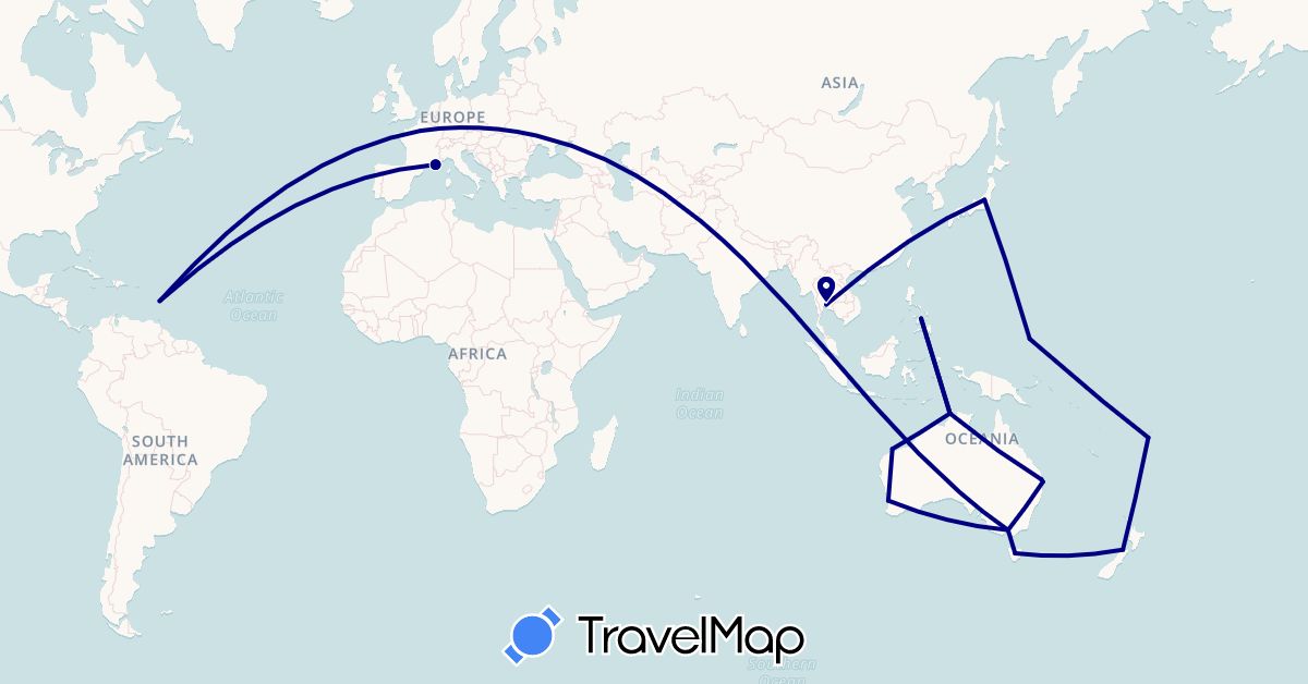 TravelMap itinerary: driving in Australia, Fiji, Micronesia, France, Japan, New Zealand, Philippines, Thailand (Asia, Europe, Oceania)